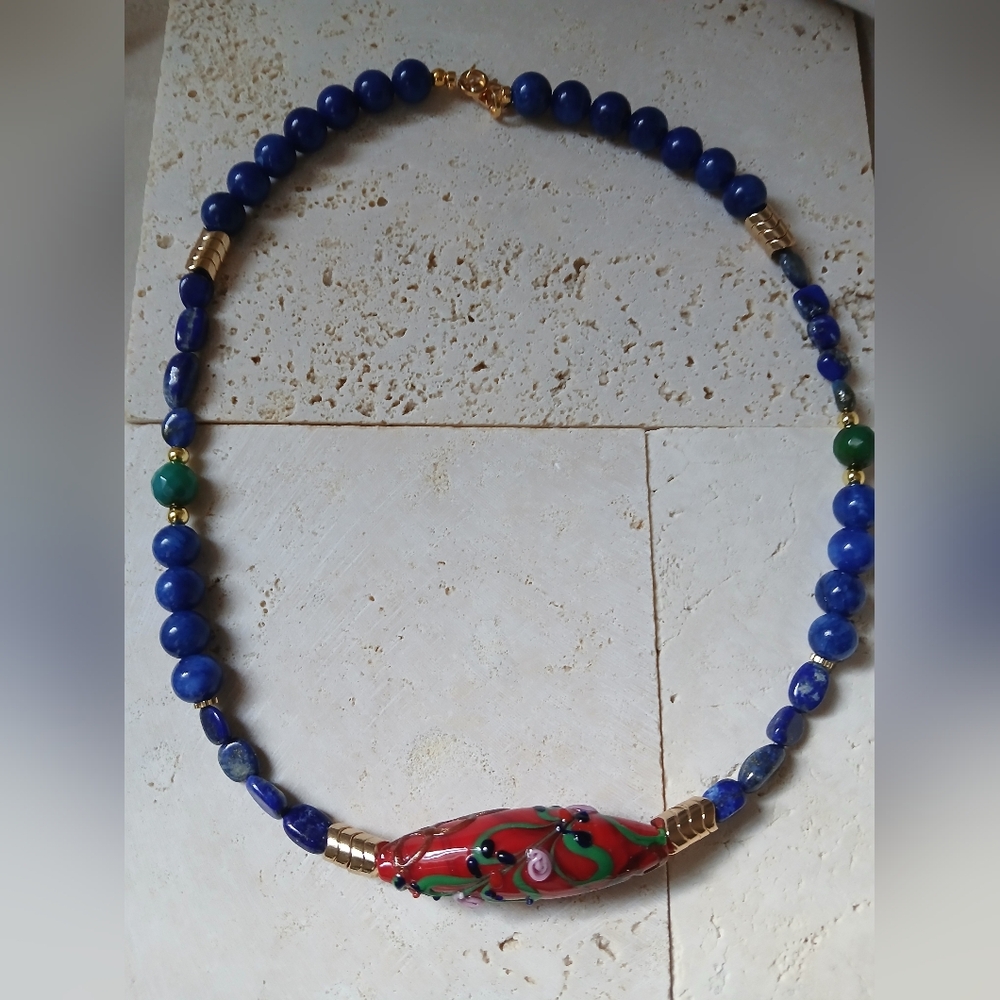 Blue and Red Beaded Necklace